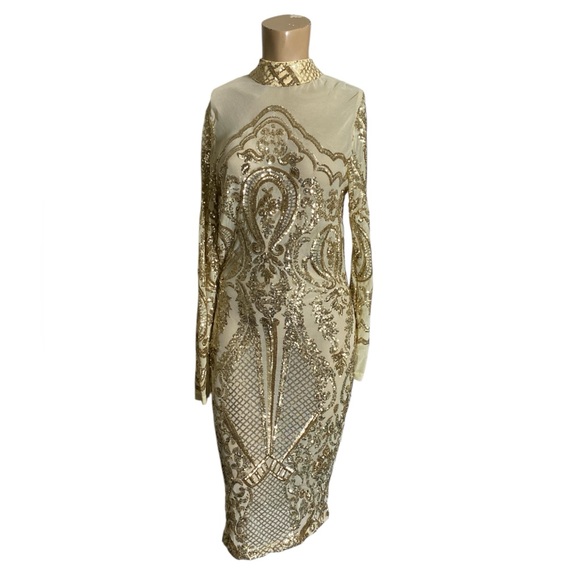 Fashion nova sequín Dress Sheer Golden size M - Picture 3 of 5